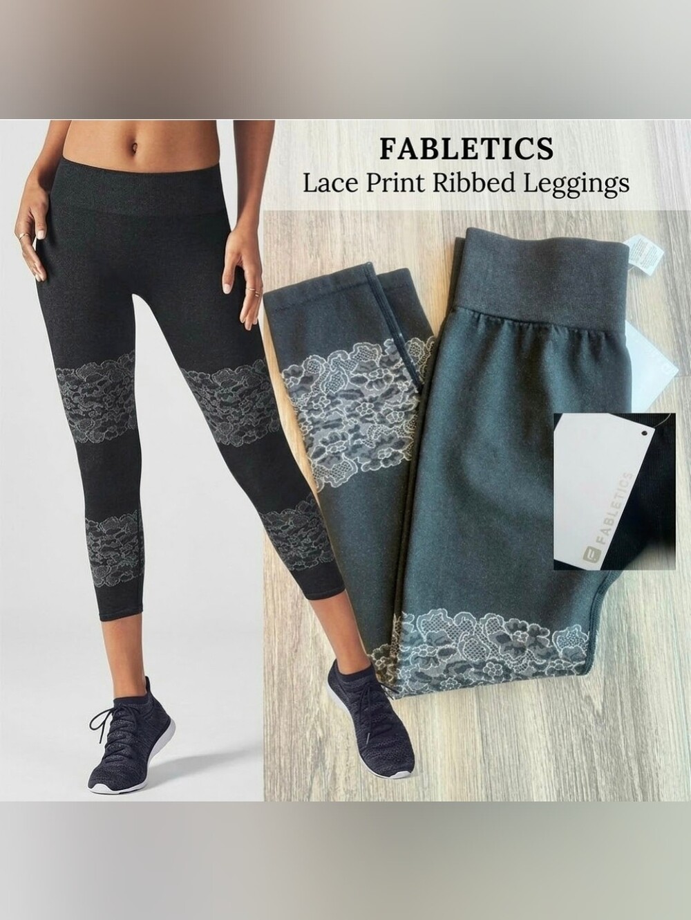 Fabletics Black Lace-Print Ribbed Capri Leggings Large